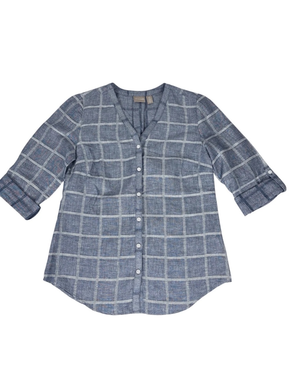 Chico's Women’s Size 3 Blue Linen Blend Windowpane V-Neck Button-Down Blouse